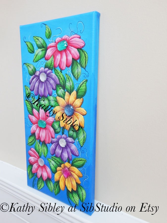 Daisy Jewels Painting, Original Acrylic Painting, 8 x 16 inches, Gallery Wrapped Canvas, Whimsical Daisy Wall Art, Gemstone Daisy Home Decor