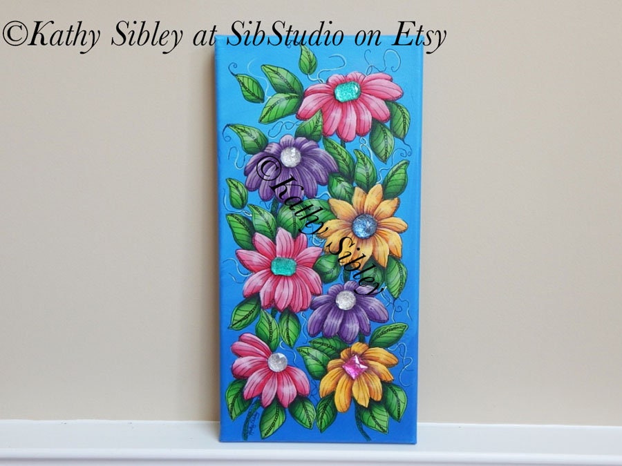 Daisy Jewels Painting, Original Acrylic Painting, 8 x 16 inches, Gallery Wrapped Canvas, Whimsical Daisy Wall Art, Gemstone Daisy Home Decor