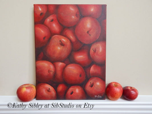 Red Apples Painting, Original Acrylic Painting,  12 x 16 inches Canvas, Apple Kitchen Art, Apples Home Decor, Apple Wall Art, Red Apples Art