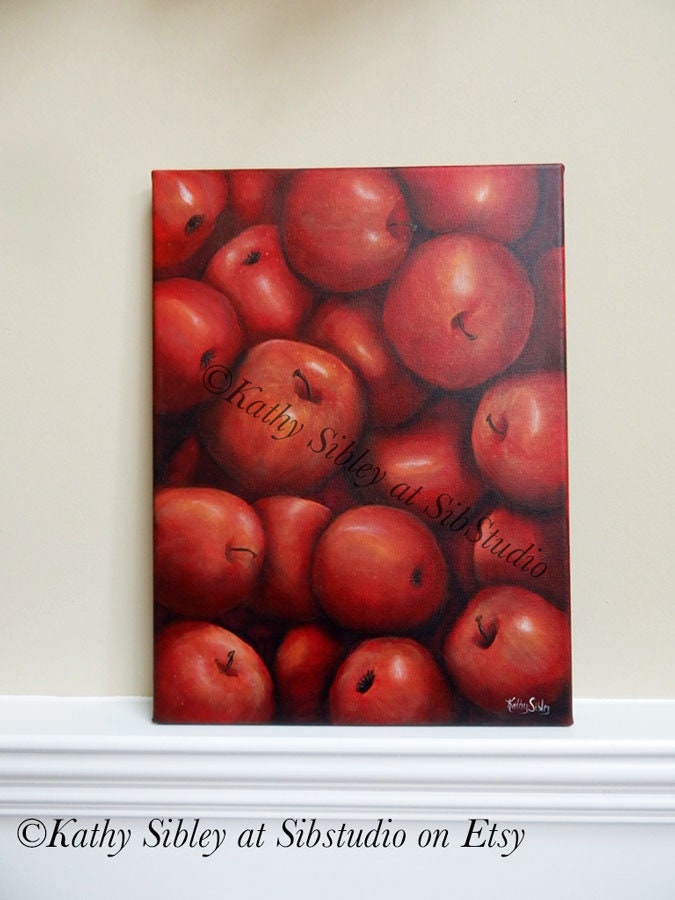 Red Apples Painting, Original Acrylic Painting,  12 x 16 inches Canvas, Apple Kitchen Art, Apples Home Decor, Apple Wall Art, Red Apples Art