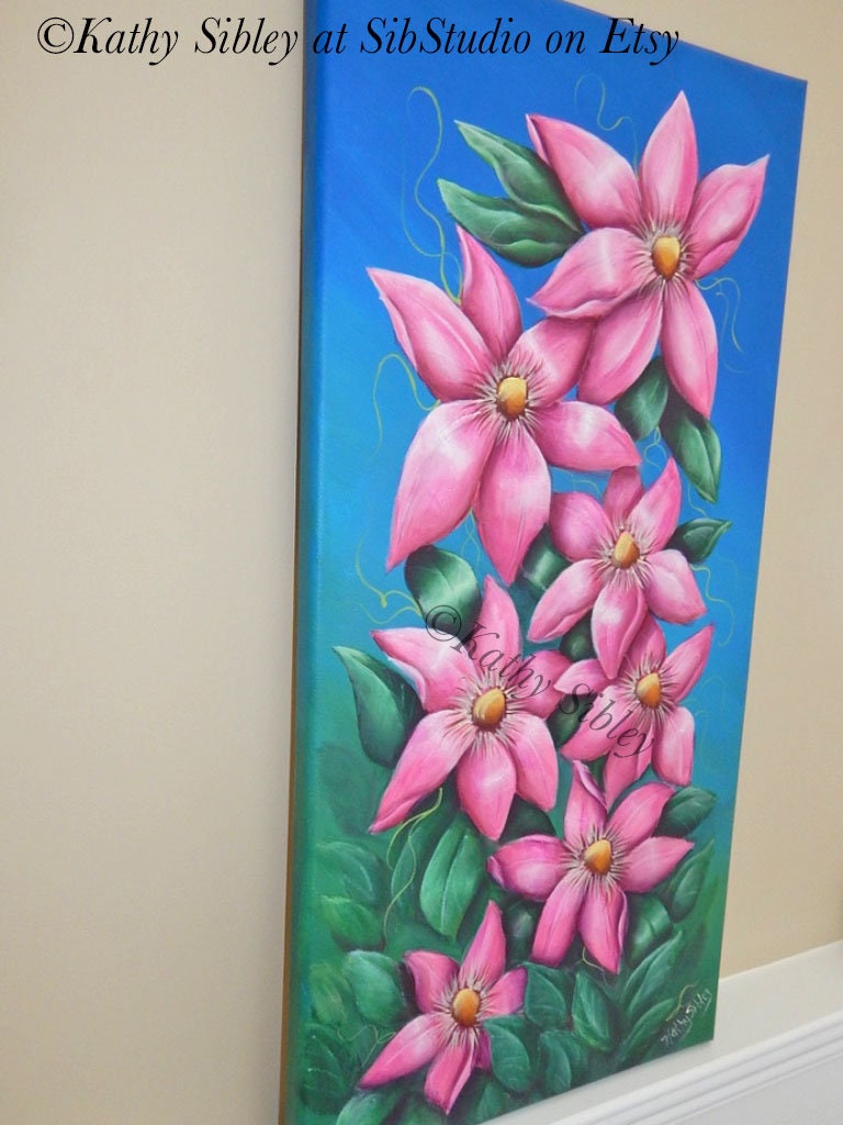 Pink Clematis Painting, Original Acrylic Painting, 12 x 24 inches, Gallery Wrapped Canvas, Clematis Wall Art, Pink Clematis Home Decor Art