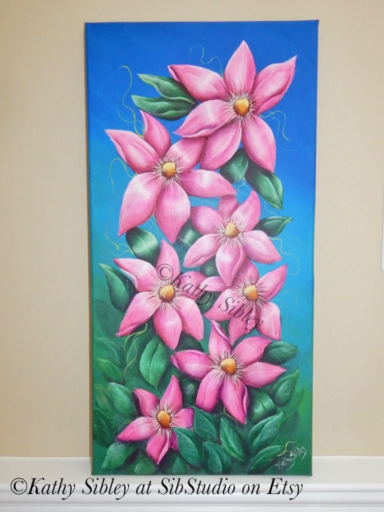 Pink Clematis Painting, Original Acrylic Painting, 12 x 24 inches, Gallery Wrapped Canvas, Clematis Wall Art, Pink Clematis Home Decor Art