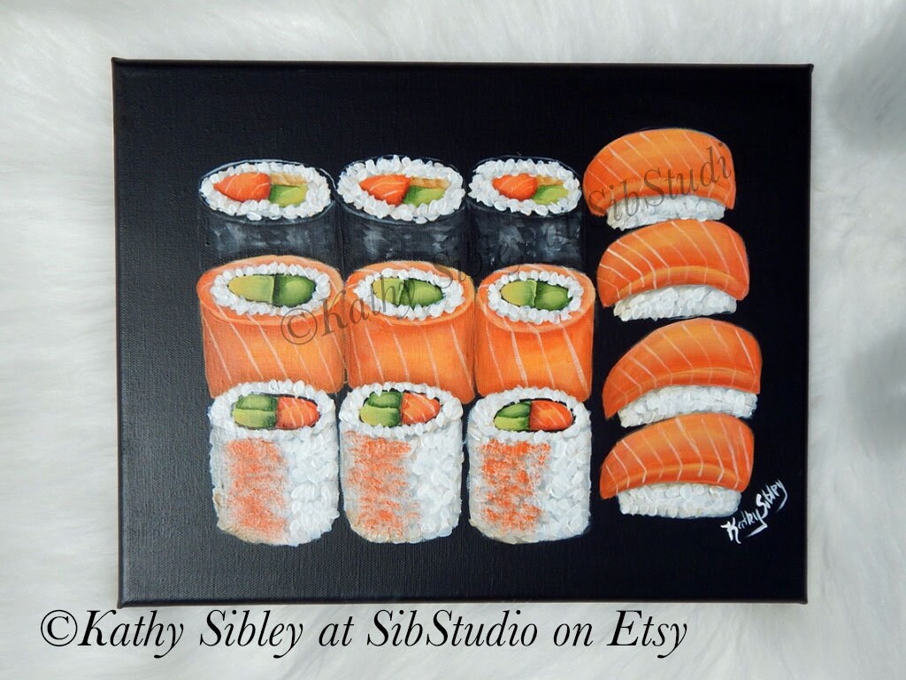 Sushi Bento Painting, Original Acrylic Painting, 14 x 11 inches, Gallery Wrapped Canvas, Sushi Home Decor, Saimaki & Nigiri Sushi Painting