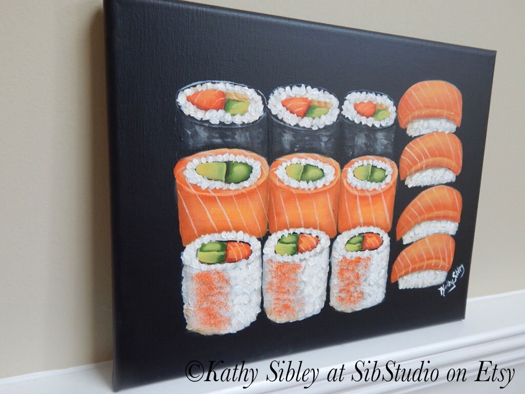 Sushi Bento Painting, Original Acrylic Painting, 14 x 11 inches, Gallery Wrapped Canvas, Sushi Home Decor, Saimaki & Nigiri Sushi Painting