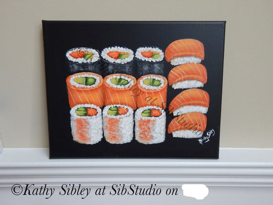 Sushi Bento Painting, Original Acrylic Painting, 14 x 11 inches, Gallery Wrapped Canvas, Sushi Home Decor, Saimaki & Nigiri Sushi Painting