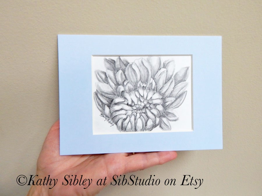 Sunrise Dahlia Drawing, Original Drawing, Matted 5 x 7 inches, Graphite Drawing, Botanical Drawing, Dahlia Drawing, Graphite Dahlia Artwork