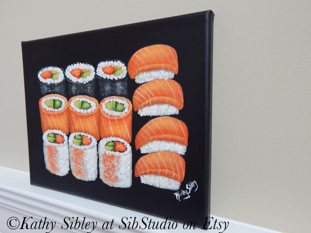 Sushi Bento Painting, Original Acrylic Painting, 14 x 11 inches, Gallery Wrapped Canvas, Sushi Home Decor, Saimaki & Nigiri Sushi Painting