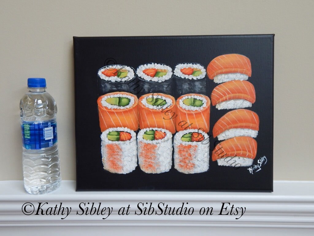 Sushi Bento Painting, Original Acrylic Painting, 14 x 11 inches, Gallery Wrapped Canvas, Sushi Home Decor, Saimaki & Nigiri Sushi Painting