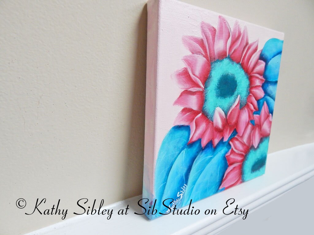 Ballerina Sunflower Painting, Original Acrylic Painting, 8 x 8 inches, Gallery Wrapped Canvas, Pink Sunflower Art, Sunflower Wall Art,