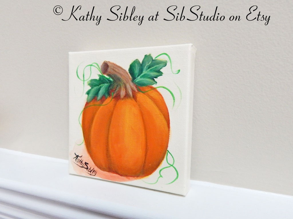 October Pumpkin Painting, Original Acrylic Painting, 5 x 5 inches, Gallery Wrapped Canvas, Halloween Pumpkin Painting,  Fall Pumpkin Decor