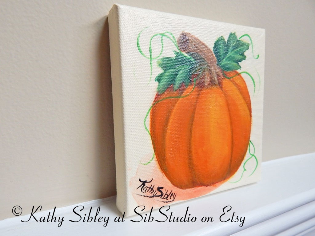 October Pumpkin Painting, Original Acrylic Painting, 5 x 5 inches, Gallery Wrapped Canvas, Halloween Pumpkin Painting,  Fall Pumpkin Decor