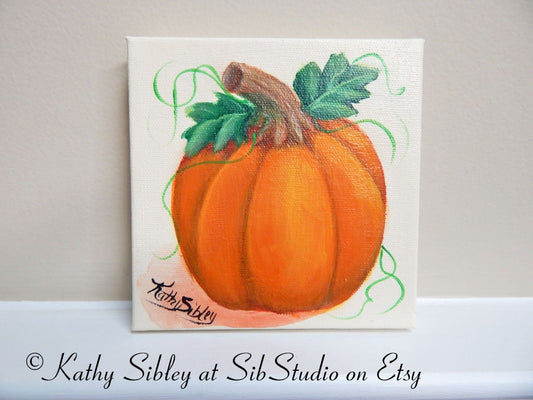 October Pumpkin Painting, Original Acrylic Painting, 5 x 5 inches, Gallery Wrapped Canvas, Halloween Pumpkin Painting,  Fall Pumpkin Decor