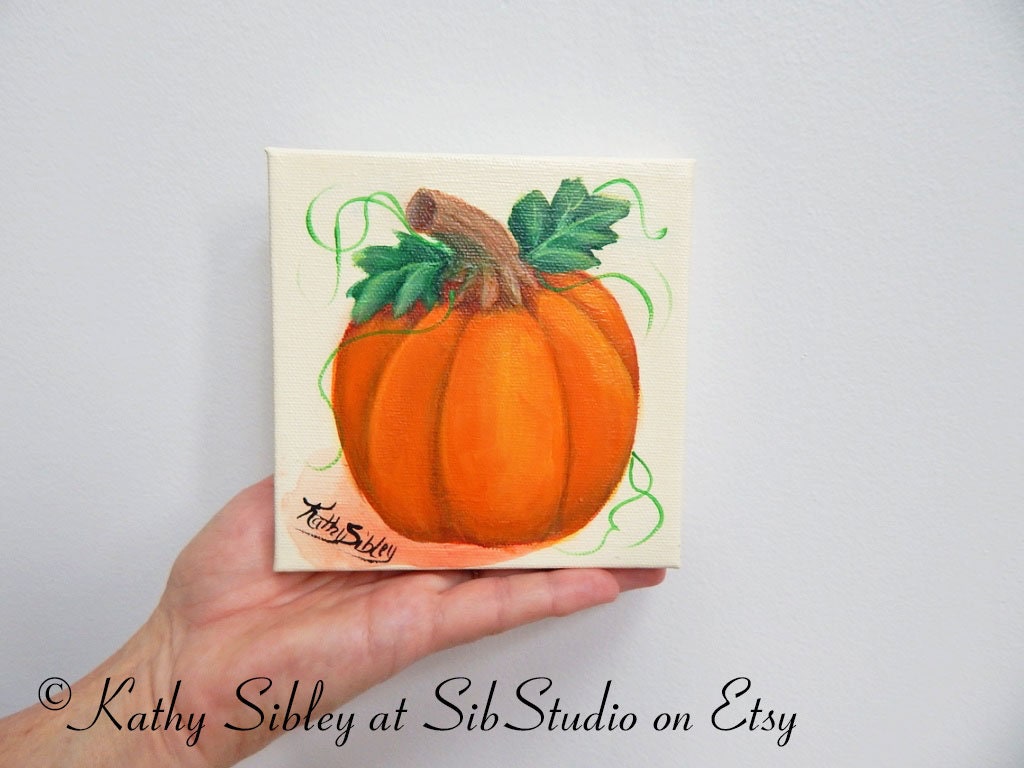 October Pumpkin Painting, Original Acrylic Painting, 5 x 5 inches, Gallery Wrapped Canvas, Halloween Pumpkin Painting,  Fall Pumpkin Decor