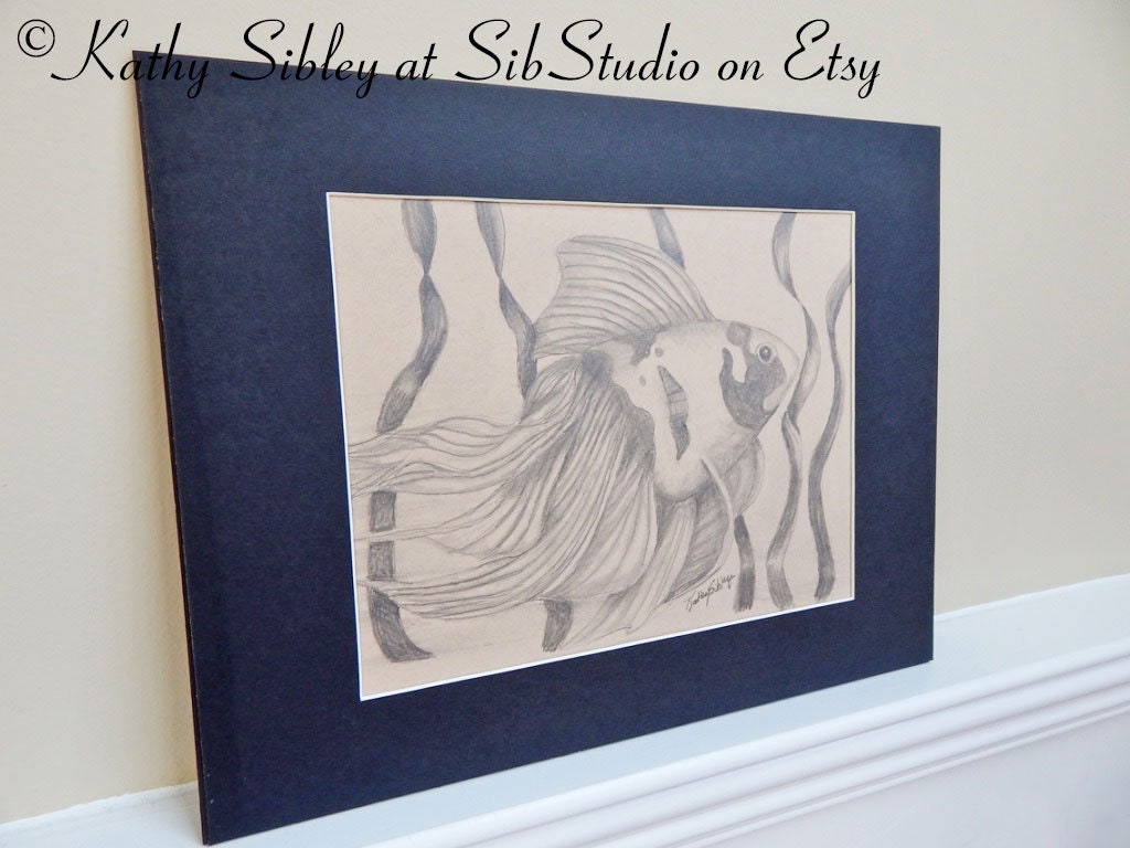 Goldfish Original Drawing, Matted 11 x 14, Graphite Drawing on Tan Vellum Paper,  Goldfish Graphite Art, Goldfish Wall Art, Goldfish Drawing