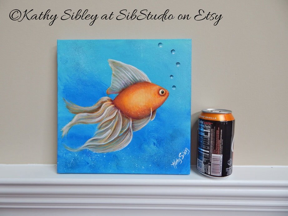 Fancy Goldfish Painting, Original Art, 10 x 10 ", Gallery Wrapped Canvas, Original Acrylic Painting, Goldfish Home Decor, Fancy Goldfish Art