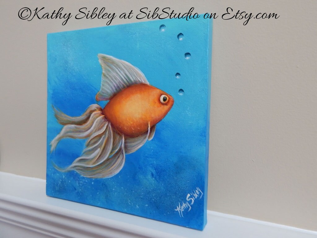 Fancy Goldfish Painting, Original Art, 10 x 10 ", Gallery Wrapped Canvas, Original Acrylic Painting, Goldfish Home Decor, Fancy Goldfish Art