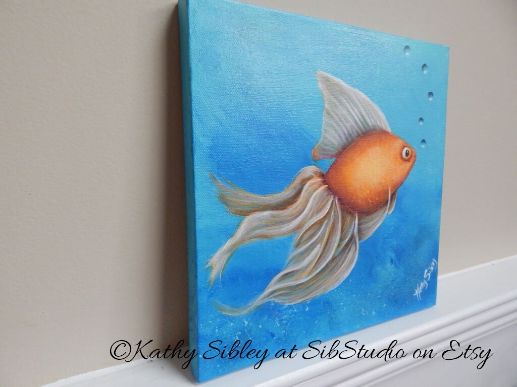 Fancy Goldfish Painting, Original Art, 10 x 10 ", Gallery Wrapped Canvas, Original Acrylic Painting, Goldfish Home Decor, Fancy Goldfish Art