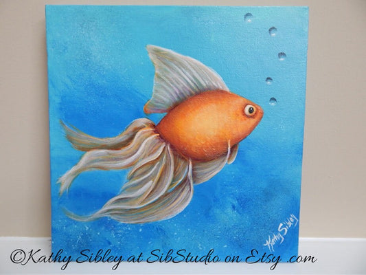 Fancy Goldfish Painting, Original Art, 10 x 10 ", Gallery Wrapped Canvas, Original Acrylic Painting, Goldfish Home Decor, Fancy Goldfish Art