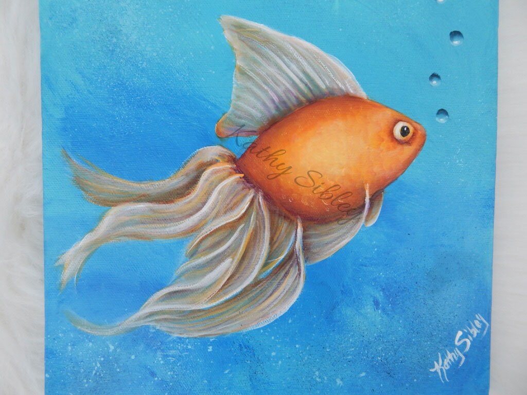 Fancy Goldfish Painting, Original Art, 10 x 10 ", Gallery Wrapped Canvas, Original Acrylic Painting, Goldfish Home Decor, Fancy Goldfish Art