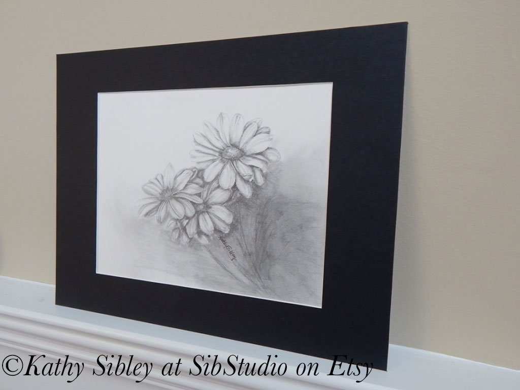 Daisies Graphite Drawing, Matted 11 x 14, Original Graphite Drawing on Vellum Paper, Daisy Wall Art, Daisy Home Decor, Daisy Original Art