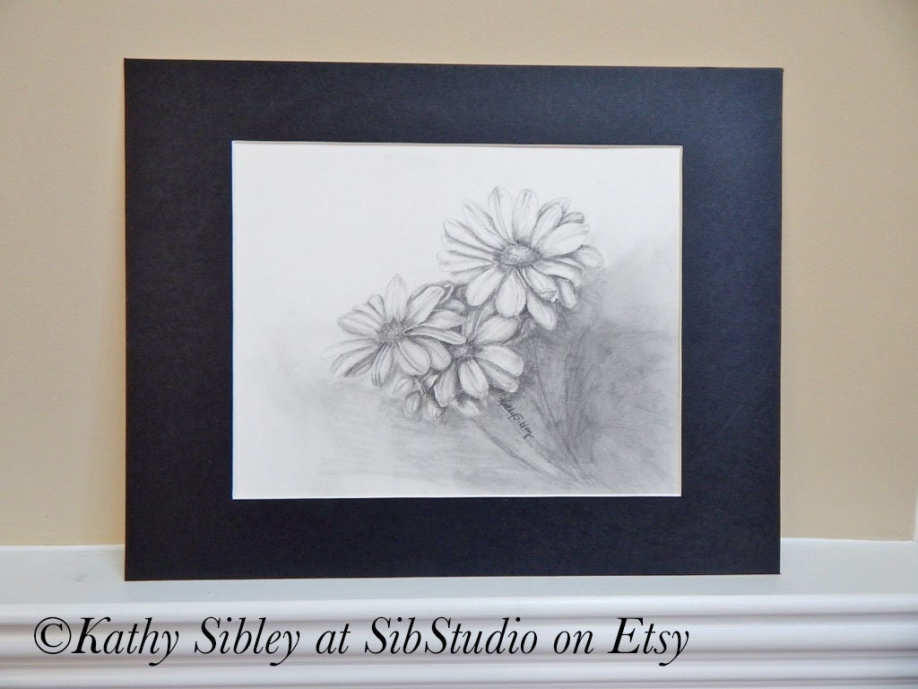 Daisies Graphite Drawing, Matted 11 x 14, Original Graphite Drawing on Vellum Paper, Daisy Wall Art, Daisy Home Decor, Daisy Original Art