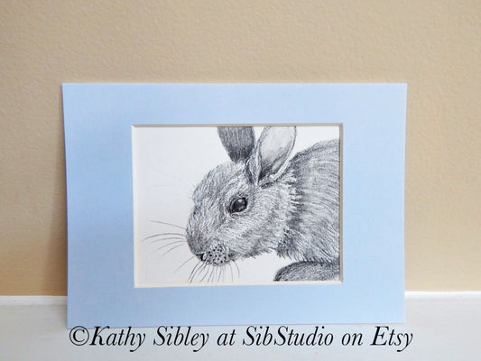 Peekaboo Bunny Drawing, Original Drawing, Matted 5 x 7 inches, Bunny Graphite Drawing, Bunny Pencil Art, Rabbit Wall Art, Rabbit Art