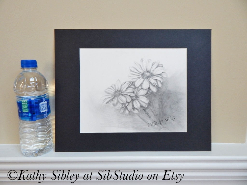 Daisies Graphite Drawing, Matted 11 x 14, Original Graphite Drawing on Vellum Paper, Daisy Wall Art, Daisy Home Decor, Daisy Original Art