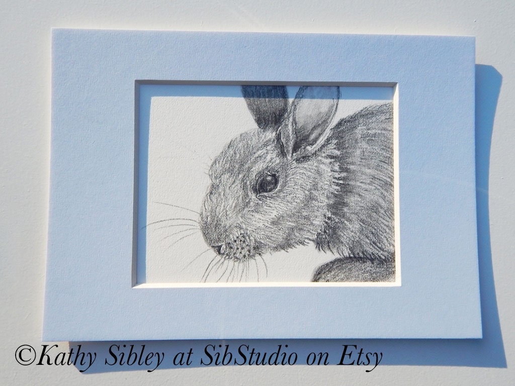 Peekaboo Bunny Drawing, Original Drawing, Matted 5 x 7 inches, Bunny Graphite Drawing, Bunny Pencil Art, Rabbit Wall Art, Rabbit Art