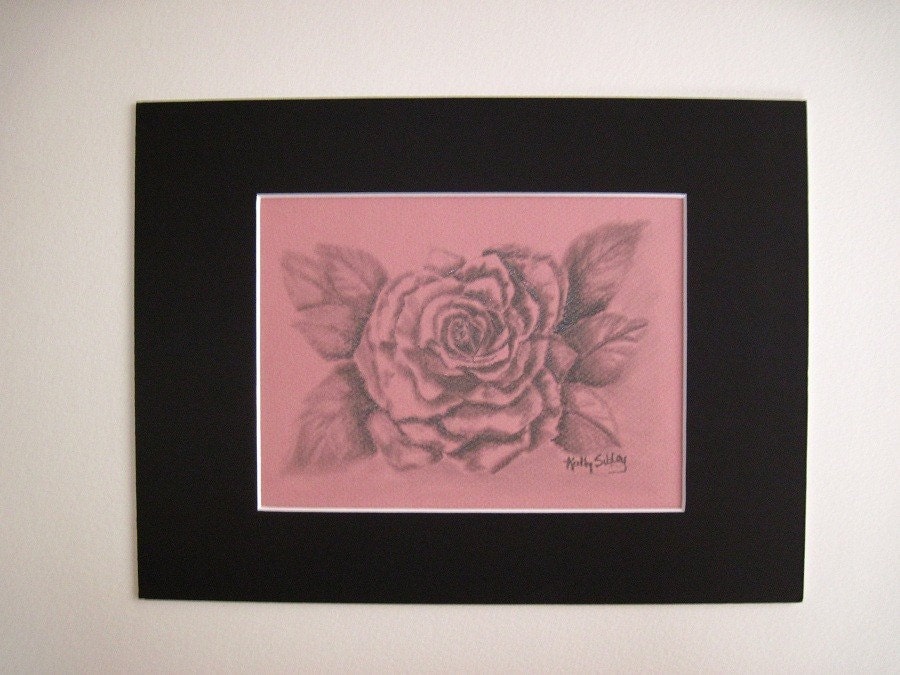 Rose Original Drawing, Original Graphite Drawing,  Matted 9 x 12 inches, Graphite on Rosy Pink  Drawing Paper, Rose Blossom