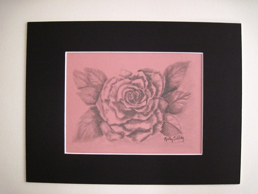 Rose Original Drawing, Original Graphite Drawing,  Matted 9 x 12 inches, Graphite on Rosy Pink  Drawing Paper, Rose Blossom