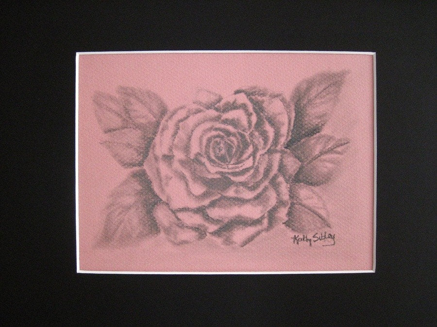 Rose Original Drawing, Original Graphite Drawing,  Matted 9 x 12 inches, Graphite on Rosy Pink  Drawing Paper, Rose Blossom