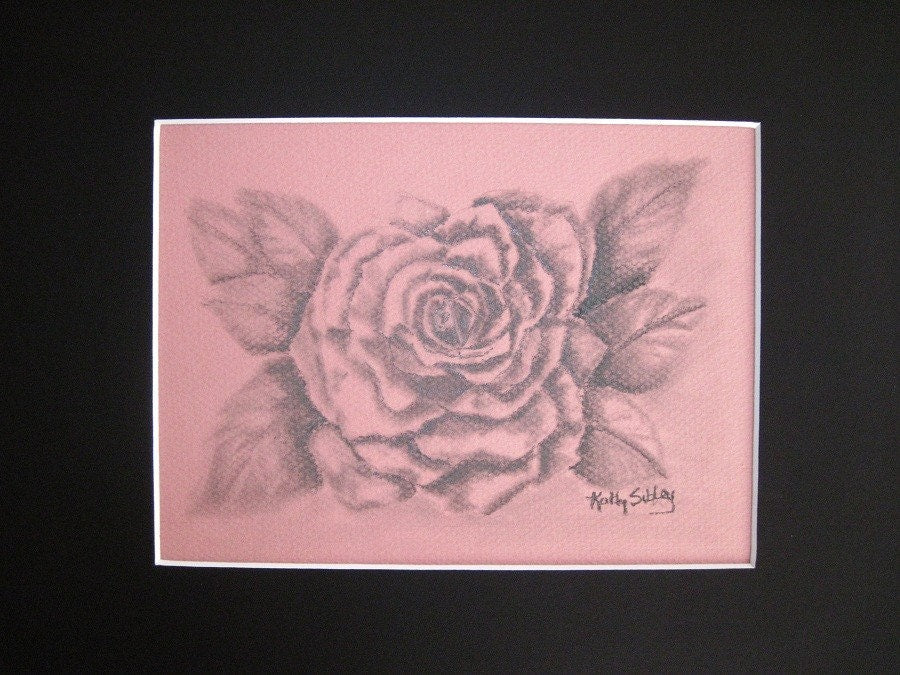 Rose Original Drawing, Original Graphite Drawing,  Matted 9 x 12 inches, Graphite on Rosy Pink  Drawing Paper, Rose Blossom