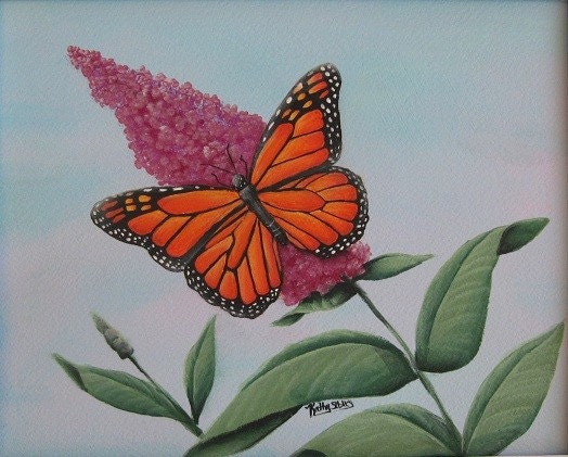 Monarch Butterfly Painting, Original Acrylic  Painting,  Matted 11 x 14", Monarch Butterfly on Butterfly Bush, Butterfly Art