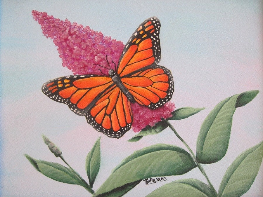 Monarch Butterfly Painting, Original Acrylic  Painting,  Matted 11 x 14", Monarch Butterfly on Butterfly Bush, Butterfly Art