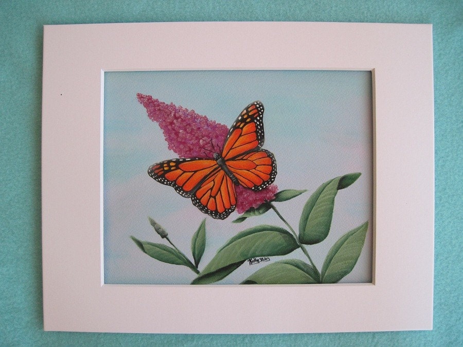 Monarch Butterfly Painting, Original Acrylic  Painting,  Matted 11 x 14", Monarch Butterfly on Butterfly Bush, Butterfly Art