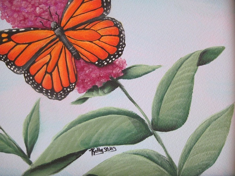 Monarch Butterfly Painting, Original Acrylic  Painting,  Matted 11 x 14", Monarch Butterfly on Butterfly Bush, Butterfly Art