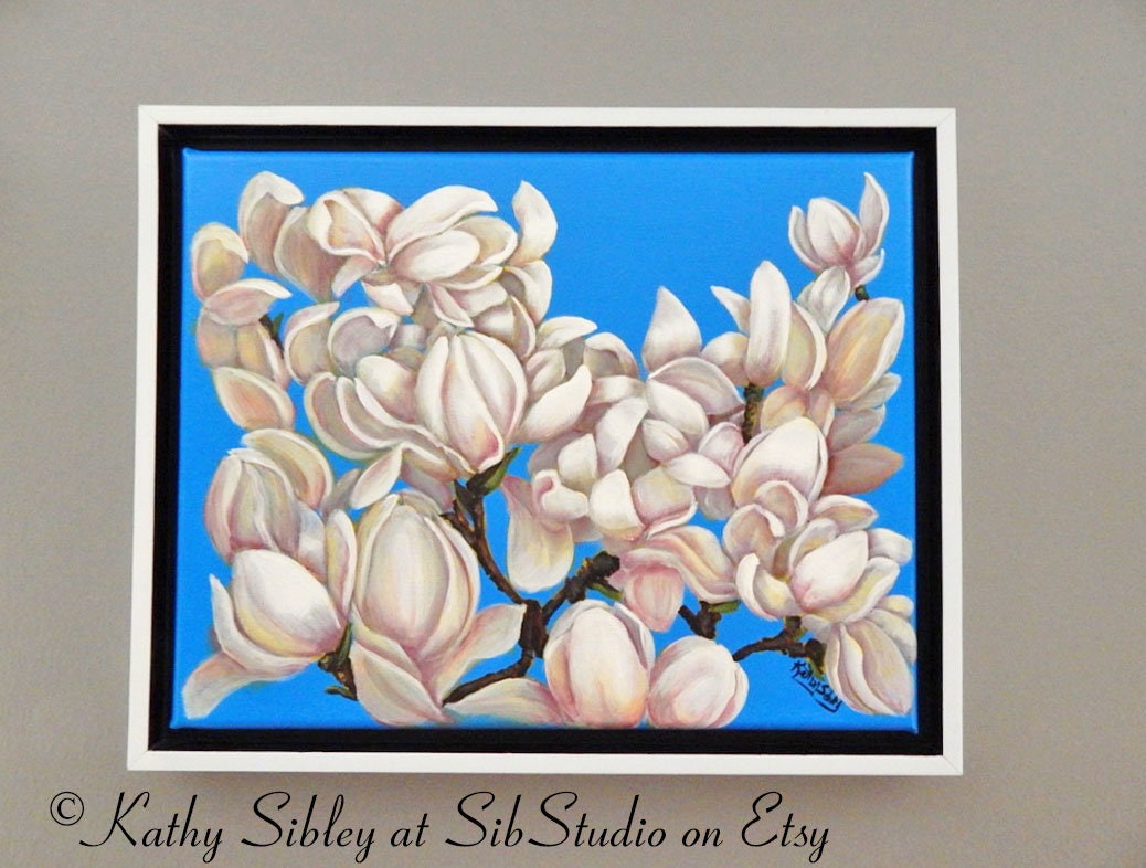 Magnolia Flower Painting, Original Acrylic Painting, 14 x 11 inches, Canvas, Framed, Magnolia Blossom Home Decor, Magnolia  Painting