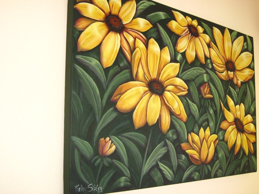 Black-eyed Susans,  Large Orginal Painting, 36 x 24 inches, Acrylic Painting, Rudbeckia Painting, Black Eyed Susan Wall Art, Yellow Daisies