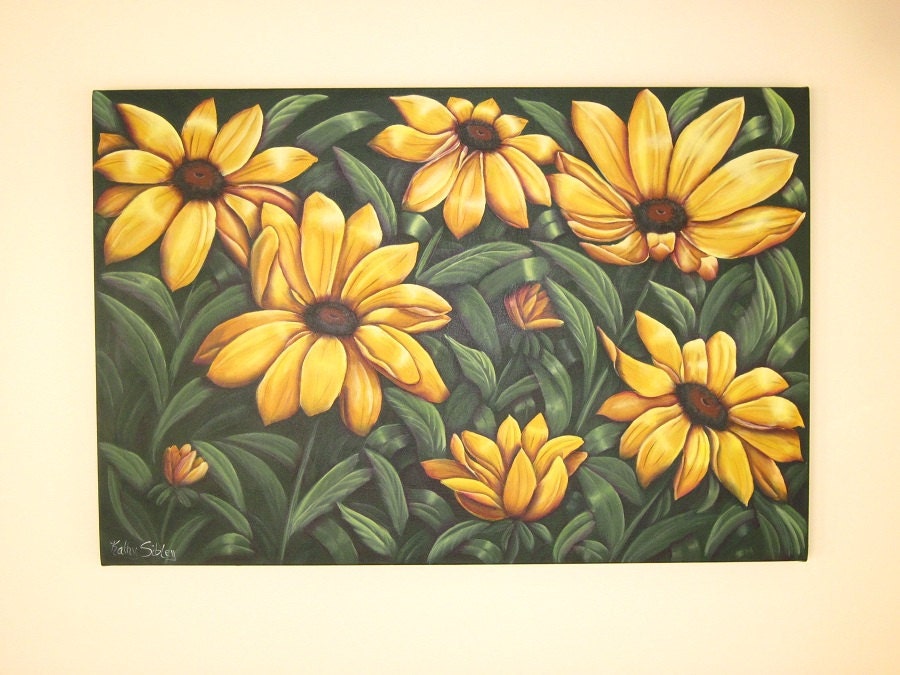 Black-eyed Susans,  Large Orginal Painting, 36 x 24 inches, Acrylic Painting, Rudbeckia Painting, Black Eyed Susan Wall Art, Yellow Daisies