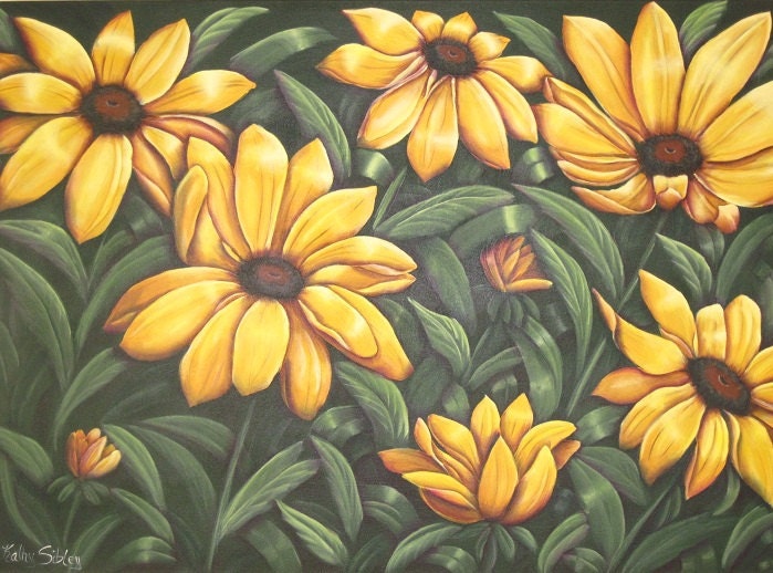 Black-eyed Susans,  Large Orginal Painting, 36 x 24 inches, Acrylic Painting, Rudbeckia Painting, Black Eyed Susan Wall Art, Yellow Daisies