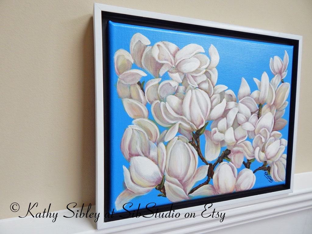 Magnolia Flower Painting, Original Acrylic Painting, 14 x 11 inches, Canvas, Framed, Magnolia Blossom Home Decor, Magnolia  Painting