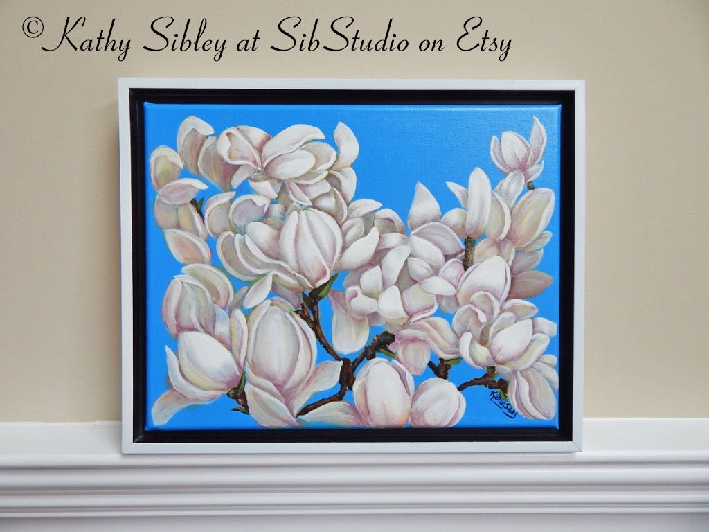 Magnolia Flower Painting, Original Acrylic Painting, 14 x 11 inches, Canvas, Framed, Magnolia Blossom Home Decor, Magnolia  Painting