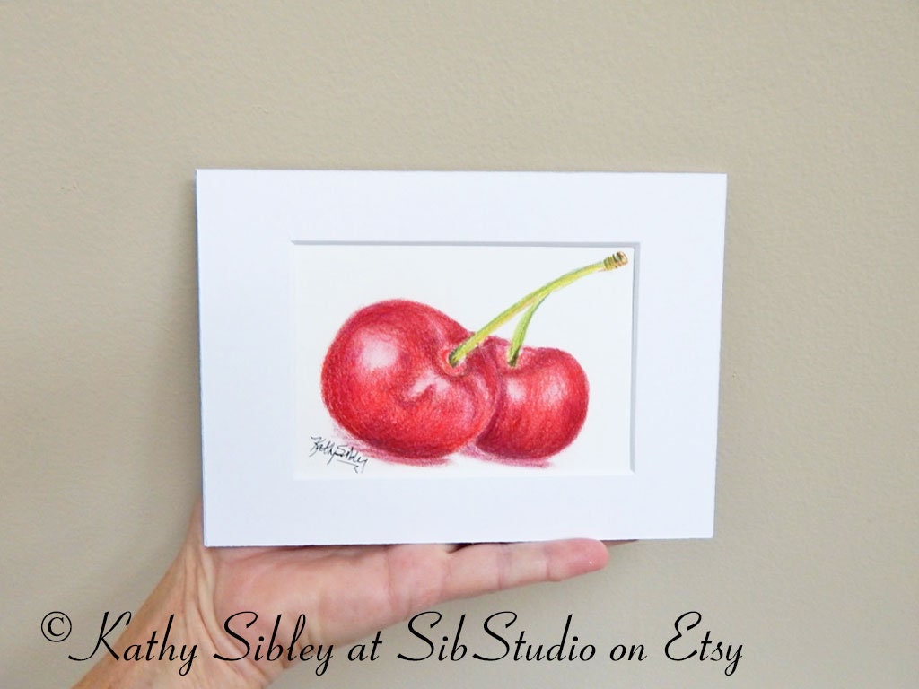 Cherries Pencil Drawing, Original Drawing, Matted 5 x 7 inches, Cherries Color Pencil Drawing, Cherry Fruit Art, Cherry Kitchen Art