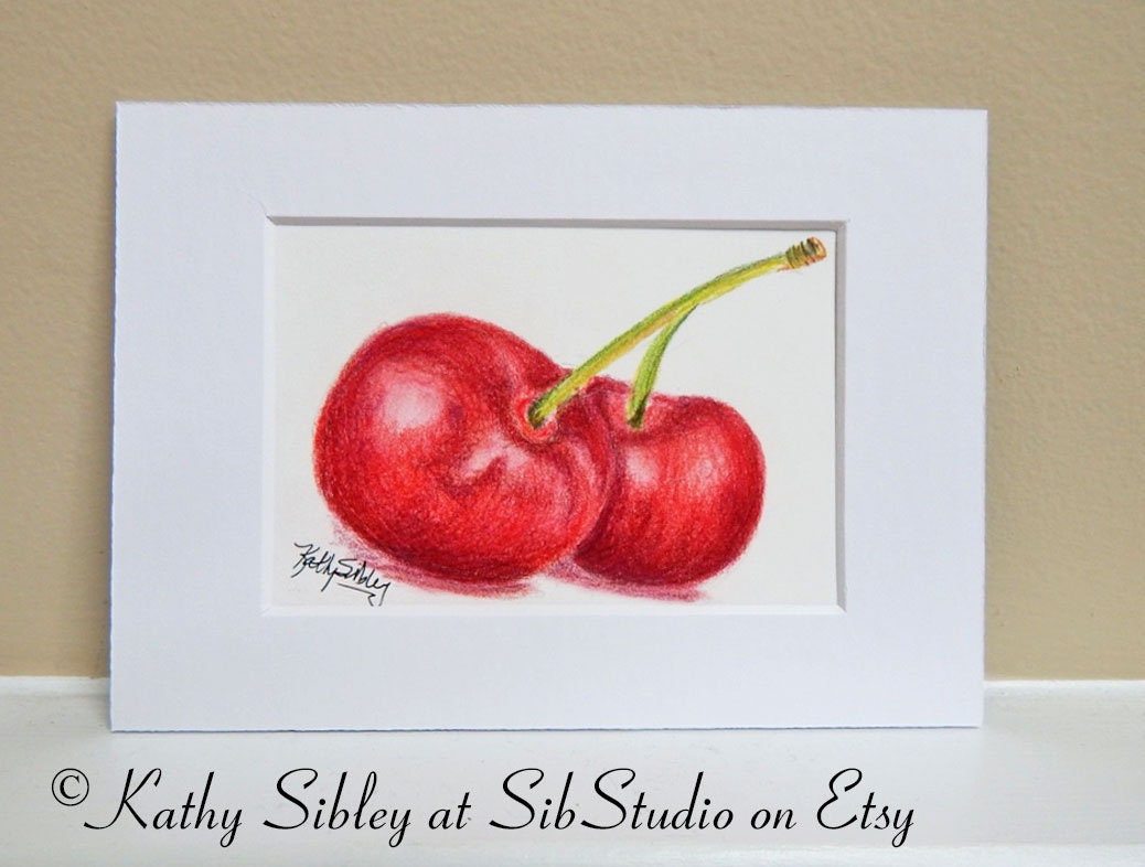 Cherries Pencil Drawing, Original Drawing, Matted 5 x 7 inches, Cherries Color Pencil Drawing, Cherry Fruit Art, Cherry Kitchen Art