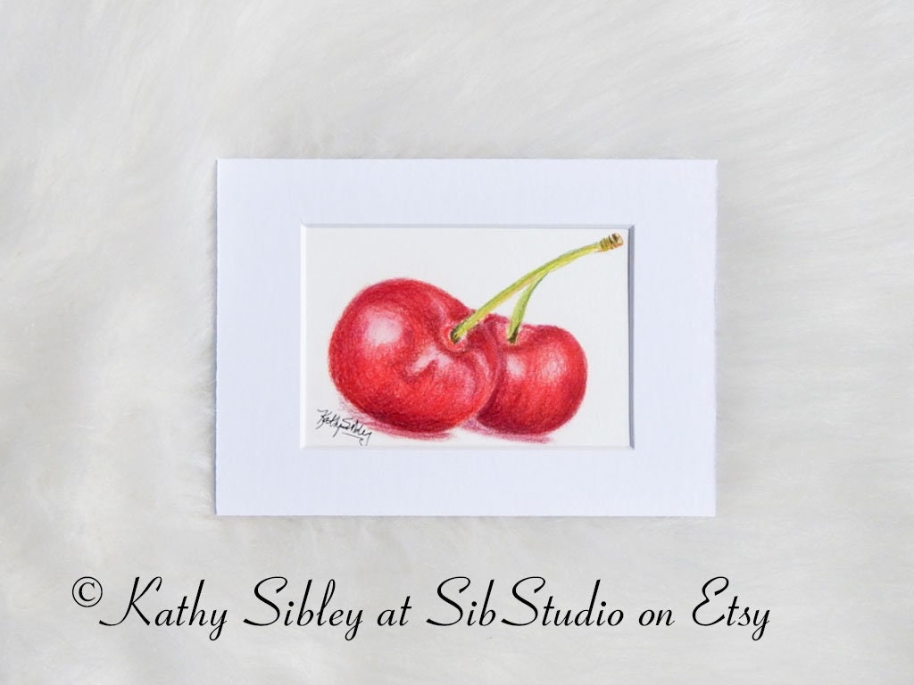 Cherries Pencil Drawing, Original Drawing, Matted 5 x 7 inches, Cherries Color Pencil Drawing, Cherry Fruit Art, Cherry Kitchen Art