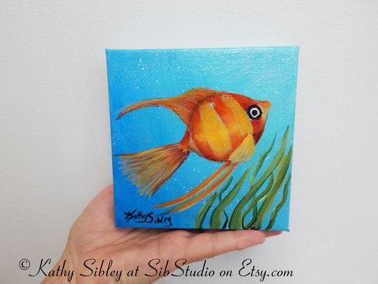 Striped Angelfish Painting, Original Acrylic Painting, 5 x 5 inches, Gallery Wrapped Canvas, Fish Painting, Angelfish Wall Art, Fish Art