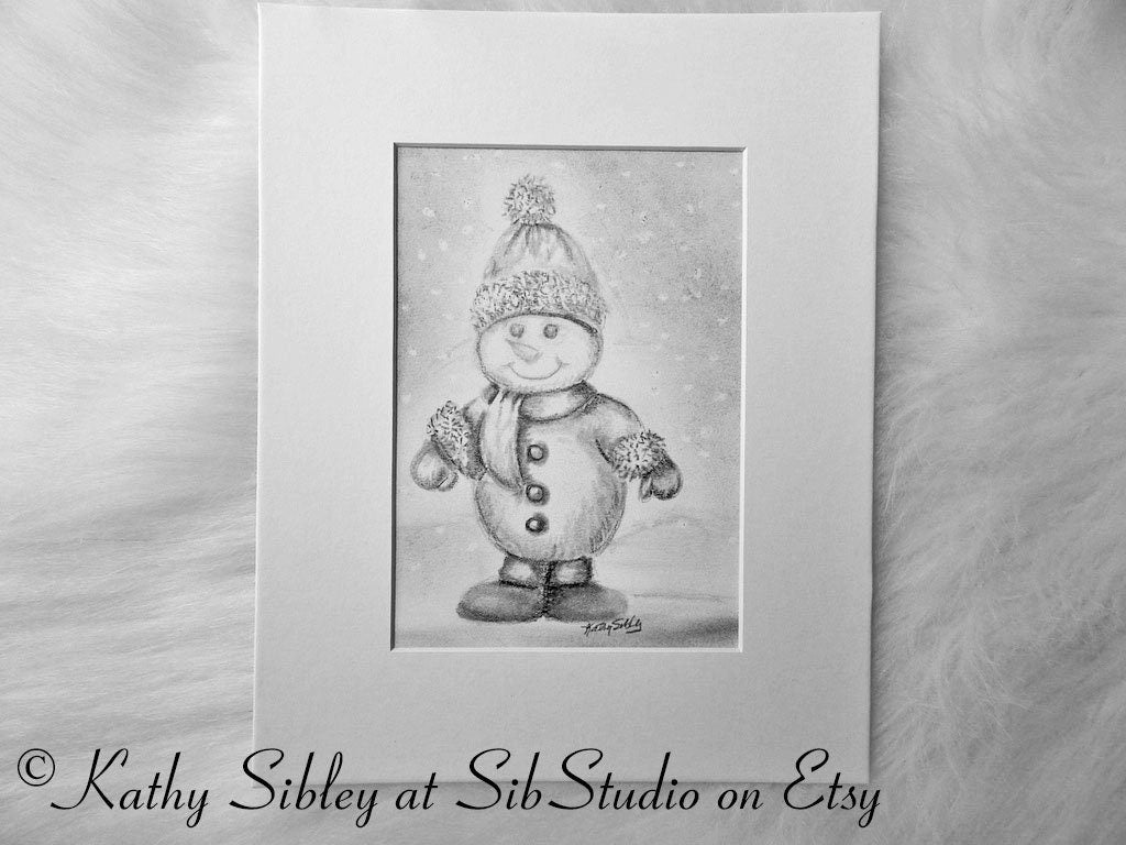 Winter Snowman Drawing, Original Drawing, Matted 8 x 10 inches, Snowman Graphite Drawing, Snowman Pencil Art, Snowman Art, Snowman Wall Art