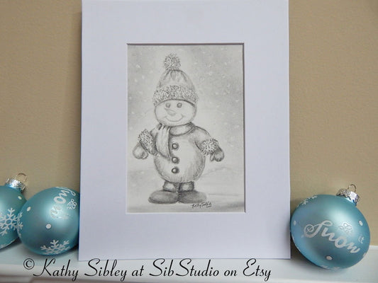 Winter Snowman Drawing, Original Drawing, Matted 8 x 10 inches, Snowman Graphite Drawing, Snowman Pencil Art, Snowman Art, Snowman Wall Art