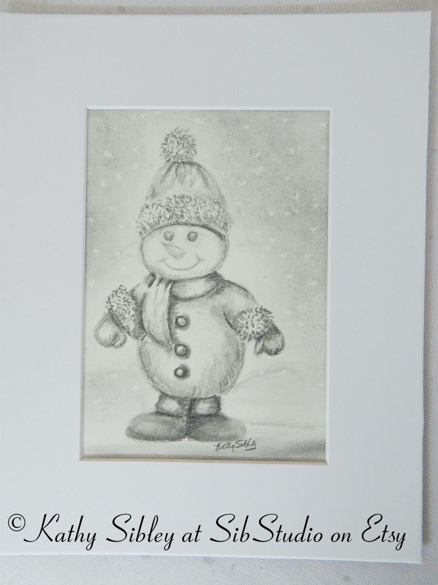 Winter Snowman Drawing, Original Drawing, Matted 8 x 10 inches, Snowman Graphite Drawing, Snowman Pencil Art, Snowman Art, Snowman Wall Art