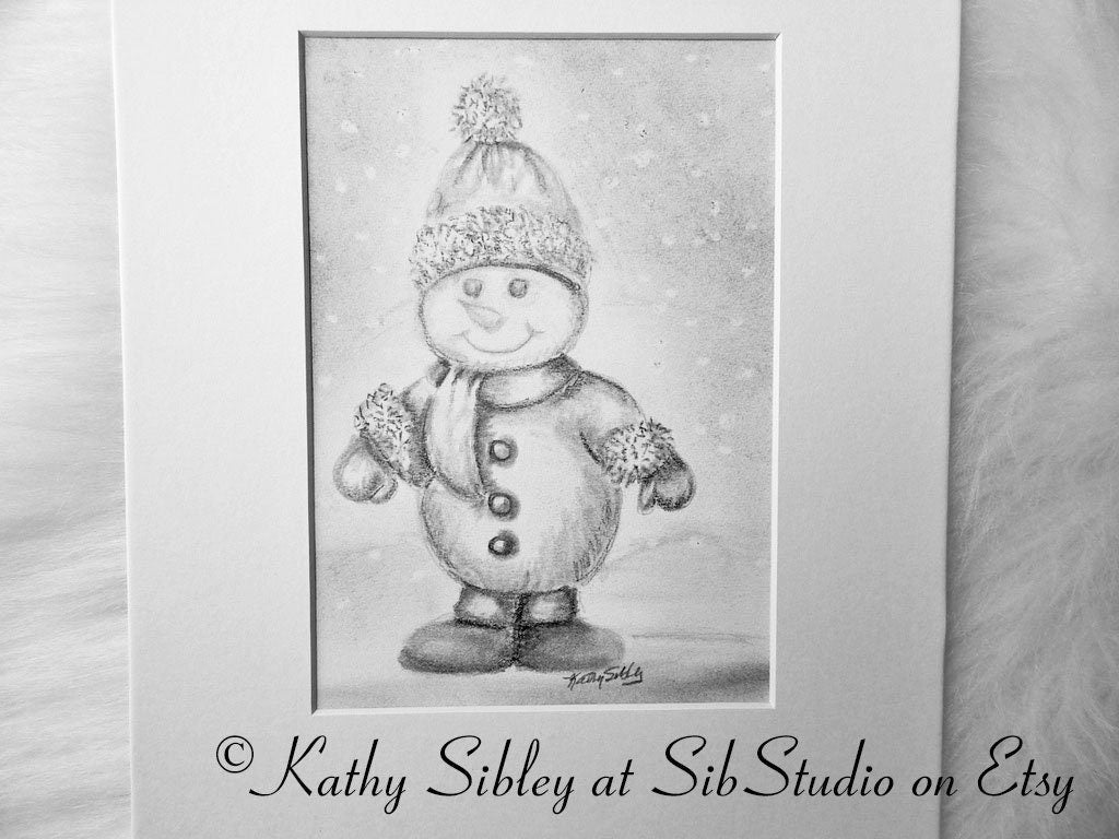 Winter Snowman Drawing, Original Drawing, Matted 8 x 10 inches, Snowman Graphite Drawing, Snowman Pencil Art, Snowman Art, Snowman Wall Art